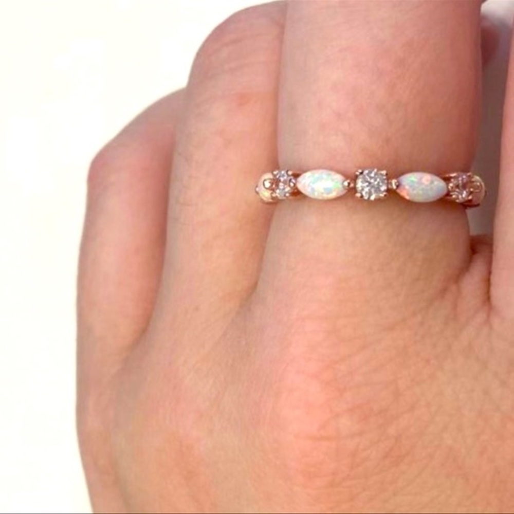 Opal Ring simulated diamonds 14k rose Gold Eternity ring - Picture 1 of 5
